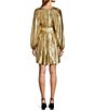 Color:Gold - Image 2 - Raffaella Metallic Split V-Neck Long Sleeve Tie Waist Mini Dress