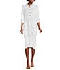 Color:White - Image 1 - Roxanne Point Collar Long Sleeve Ruched Tie Waist Button Front Shirt Dress