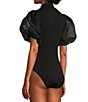 Color:Black - Image 3 - Savannah Mock Neck Short Puffed Balloon Sleeve Bodysuit