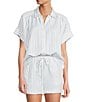 Antonio Melani Shyla Linen Blend Stripe Print Collared Button Down Coordinating Blouse, Color:White/Blue Stripe - Image 1