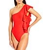 Antonio Melani Solid One Shoulder Ruffle One Piece Swimsuit, Color:Tomato - Image 1