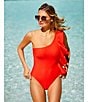 Antonio Melani Solid One Shoulder Ruffle One Piece Swimsuit, Color:Tomato - Image 3