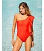 Antonio Melani Solid One Shoulder Ruffle One Piece Swimsuit, Color:Tomato - Image 6