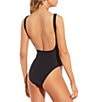 Color:Black - Image 2 - Solid Pearl Embellished Square Neck Low Back One Piece Swimsuit