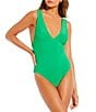 Color:Spring Green - Image 1 - Solid Ribbed Deep V-Neck Wide Strap One Piece Swimsuit