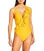 Antonio Melani Solid Rosette Deep V-Neck One Piece Swimsuit, Color:Sun - Image 1