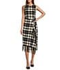 Antonio Melani Tula Plaid Print Crew Neck Sleeveless Belted Wrap Front Fringe Hem Midi Sheath Dress, Color:Black/Cream - Image 1
