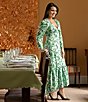 Color:Greenery - Image 1 - x Kimberly Whitman Celia Long Puff Shoulder Sleeve Deep V-Neck Flounce Hem Greenery Floral Print Maxi Dress