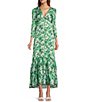 Color:Greenery - Image 4 - x Kimberly Whitman Celia Long Puff Shoulder Sleeve Deep V-Neck Flounce Hem Greenery Floral Print Maxi Dress