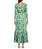 Color:Greenery - Image 5 - x Kimberly Whitman Celia Long Puff Shoulder Sleeve Deep V-Neck Flounce Hem Greenery Floral Print Maxi Dress