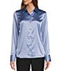 Color:Cornflower - Image 1 - Yana Button Front Point Collar Long Sleeve Stretch Silk Charmeuse Blouse