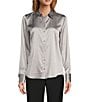 Color:Silver Grey - Image 1 - Yana Button Front Point Collar Long Sleeve Stretch Silk Charmeuse Blouse