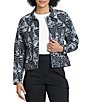 APNY Denim Monochromatic Abstract Print Point Collar Long Sleeve Crop Length Jacket - Image 1