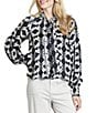 APNY Lightweight Woven Geometric Print Mock Neck Long Sleeve Pullover Tie Front Blouse - Image 1