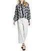 APNY Lightweight Woven Geometric Print Mock Neck Long Sleeve Pullover Tie Front Blouse - Image 4