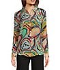 APNY Abstract Print Point Collar Roll Sleeve Button Front Blouse, Color:Blue Multi - Image 1