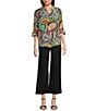 APNY Abstract Print Point Collar Roll Sleeve Button Front Blouse, Color:Blue Multi - Image 3