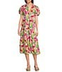 APNY Floral Print V-Neck Short Puff Sleeve Maxi Shirt Dress, Color:Pink Multi - Image 1