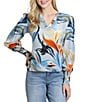 APNY Lightweight Woven Abstract Floral Print Split Neck Long Sleeve Pullover Top - Image 1
