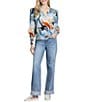 APNY Lightweight Woven Abstract Floral Print Split Neck Long Sleeve Pullover Top - Image 3