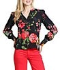 APNY Lightweight Woven Multicolor Black Floral Print Split V-Neck Long Sleeve Blouse - Image 1