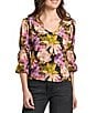 APNY Woven Floral Print V-Neck 3/4 Sleeve Blouse, Color:Berry Multi - Image 1