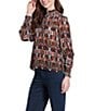 APNY Woven Multicolor Geometric Print High Button Mock Neck Long Sleeve Blouse - Image 3