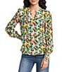 APNY Woven Printed Split V-Neck Long Sleeve Smocked Cuff Blouse - Image 1