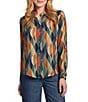 APNY Woven Printed Spread Collar Long Rolled Cuff Sleeve Button Front Blouse, Color:Navy Multi - Image 1