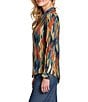 APNY Woven Printed Spread Collar Long Rolled Cuff Sleeve Button Front Blouse, Color:Navy Multi - Image 3