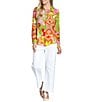APNY Woven Printed Spread Collar Long Sleeve Button Front Top, Color:Green Multi - Image 4