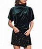 Apricot London Solid Stretch Velvet Funnel Cape Short Sleeve Asymmetrical Drape Shoulder Top - Image 1