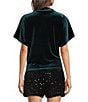 Apricot London Solid Stretch Velvet Funnel Cape Short Sleeve Asymmetrical Drape Shoulder Top - Image 2