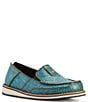 Color:Brushed Turquoise - Image 1 - Women's Leather Floral Embossed Cruiser Slip-Ons