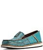 Color:Brushed Turquoise - Image 4 - Women's Leather Floral Embossed Cruiser Slip-Ons