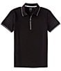 Color:Black - Image 1 - Slim Fit Zipper Logo Short Sleeve Polo Shirt