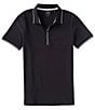 Color:Navy - Image 1 - Slim Fit Zipper Logo Short Sleeve Polo Shirt