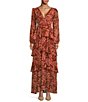 Color:Rust Floral - Image 1 - Anora Floral Print V-Neck Long Sleeve Tiered Maxi Dress