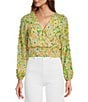 Color:Yellow Green - Image 1 - Bellona Floral Print V Neckline Long Sleeve Top