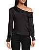 Color:Black - Image 1 - Ellen Asymmetrical Neckline Long Cuff Sleeve Woven Top