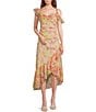 Color:Yellow Multi Floral - Image 1 - Luvita Floral Print Ruffle V-Neck Sleeveless Ruched Side Slit Midi Dress
