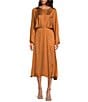 Color:Amber - Image 1 - ASTR The Label Marin Round Neck Front Gathered Long Blouson Sleeve Front Slit A-Line Midi Dress