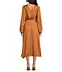 Color:Amber - Image 2 - ASTR The Label Marin Round Neck Front Gathered Long Blouson Sleeve Front Slit A-Line Midi Dress
