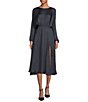 Color:Midnight Blue - Image 1 - ASTR The Label Marin Round Neck Front Gathered Long Blouson Sleeve Front Slit A-Line Midi Dress
