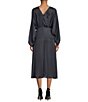 Color:Midnight Blue - Image 2 - ASTR The Label Marin Round Neck Front Gathered Long Blouson Sleeve Front Slit A-Line Midi Dress