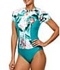 Athena Native Fawna Tropical Print Zip Front Short Sleeve One Piece Swimsuit, Color:White - Image 2