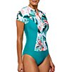 Athena Native Fawna Tropical Print Zip Front Short Sleeve One Piece Swimsuit, Color:White - Image 3
