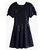 Color:Navy - Image 1 - Big Girls 7-16 Short Sleeve Sequin-Embellished A-Line Dress