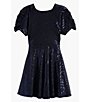 Color:Navy - Image 2 - Big Girls 7-16 Short Sleeve Sequin-Embellished A-Line Dress