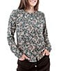 Aventura Amaryllis Floral Print Crew Neck Long Sleeve Smocked Knit Button Front Top, Color:Atlantic Deep - Image 1